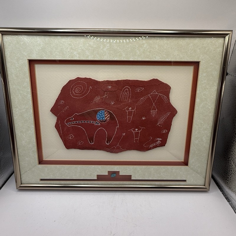 Signed Framed Larry Beck Native American Petroglyph Style Wall Art Rock