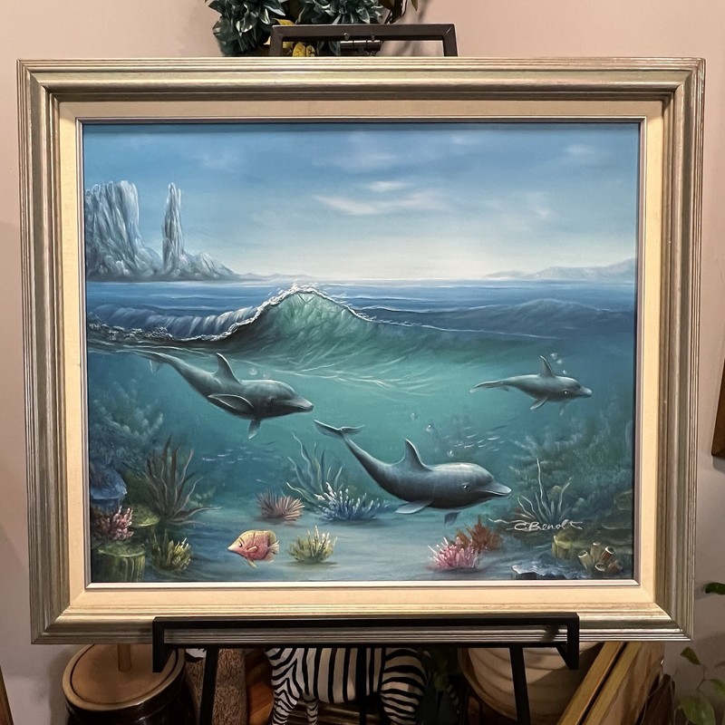 C. Benoit Original Dolphin Ocean Scene Oil Painting Framed 26×29 Coastal Art