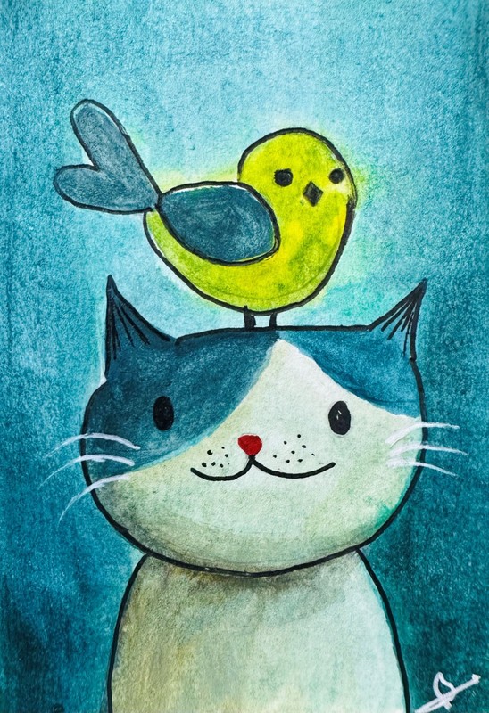 Cat Bird Cutes Teal Backdrop ACEO Original Acrylic Painting Illustration Fun Art