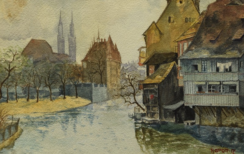 Unknown «R. Mockery» / watercolor 1917 / city view by the river church double tower