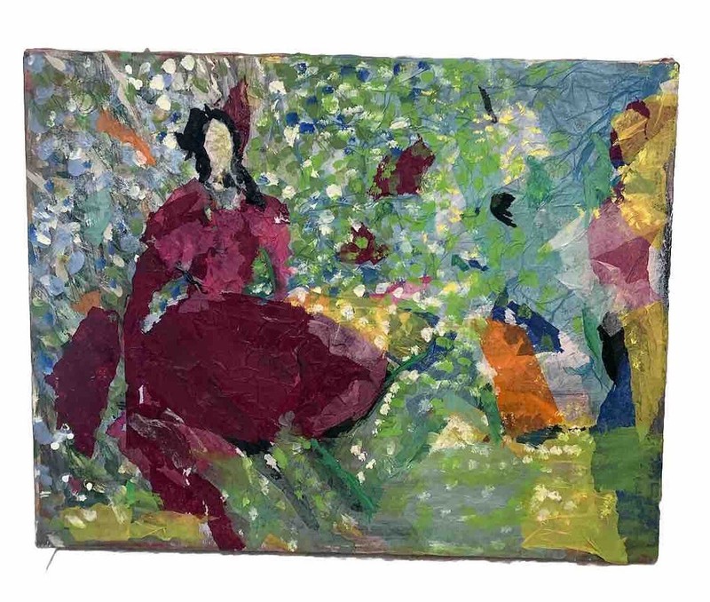 Modern Contemporary Lady In Flower Garden Painting Unframed 16”x20”(Linda Knuth)