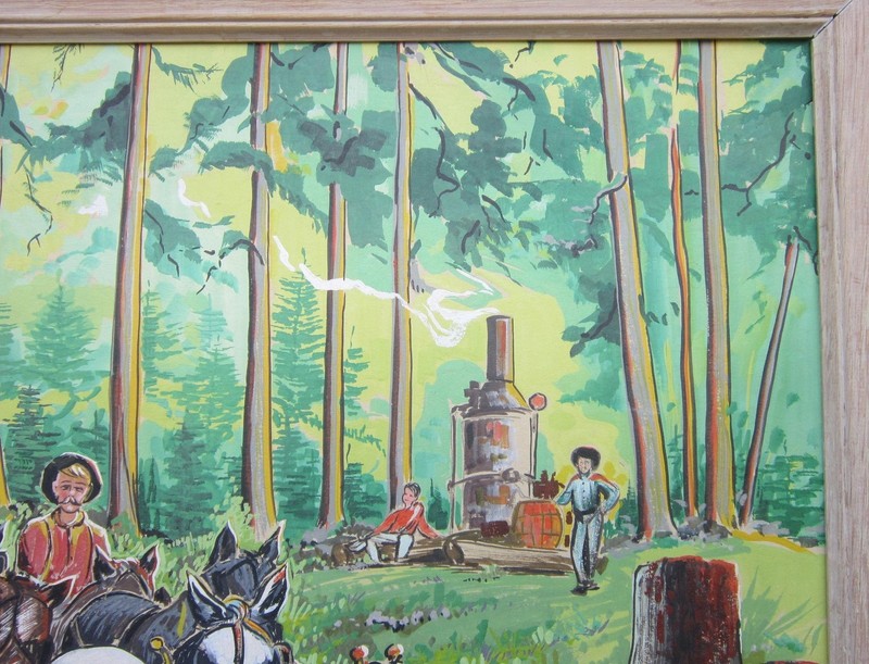 LOGGING SCENE PAINTING Horses Loggers Stumps Logs Moonshine 18" x 24" FOLK ART gallery