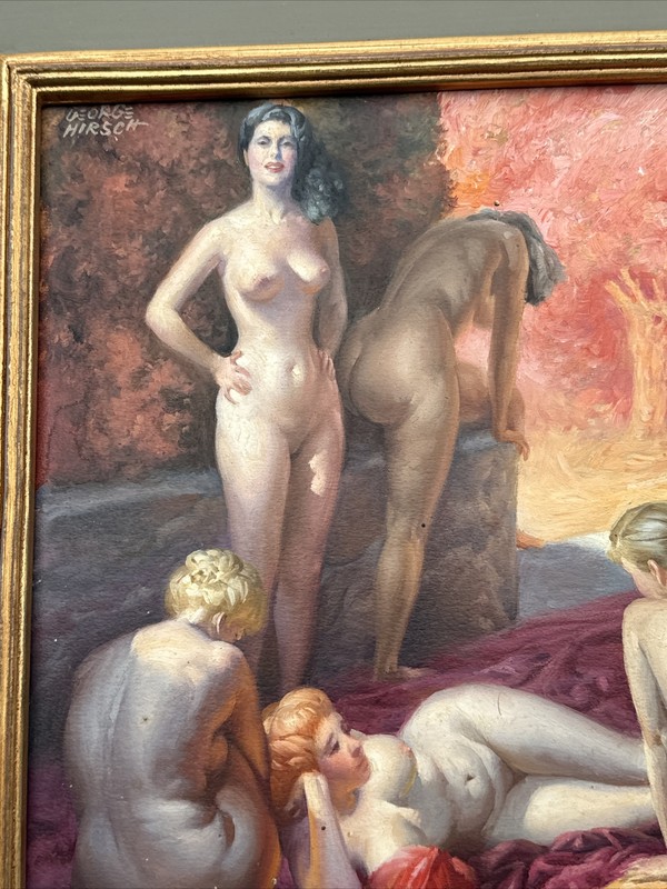 ANTIQUE PAINTING ART DECO MASTERFUL SUN BATHERS FAMOUS GEORGE HIRSCH Listed gallery