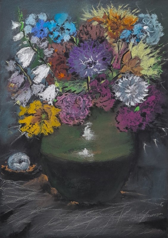 Original Floral Pastel/Paper Painting– Bright Bouquet with Apple – 8.3×11.4 in