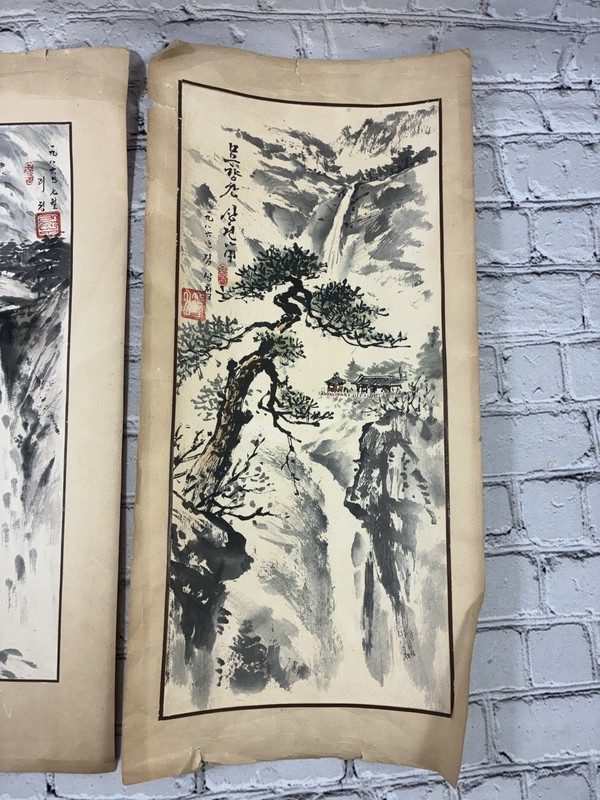 (2)VTG Asian Watercolor Landscape Paintings Signed Ink Wash Art Waterfall Trees gallery