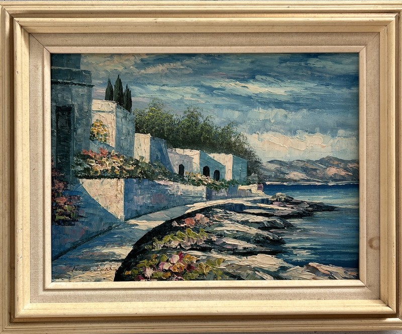Tonnie Barr , Stunning oil on Canvas"The Italian Coast" Framed signed Lower Left