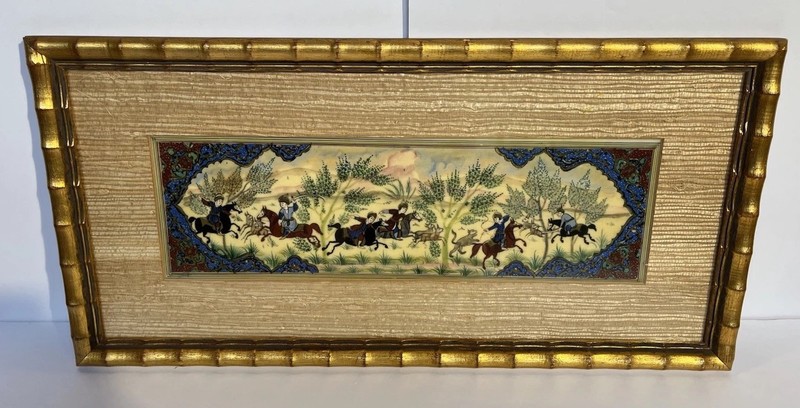 Vintage Persian Hand Painted Camel Bone Hunting Scene Miniature Framed Art Iran