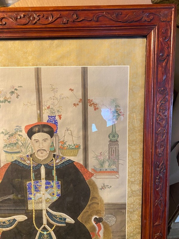 Huge Antique "Portrait of A Mandarin Court Official" Painting - Rosewood Frame gallery