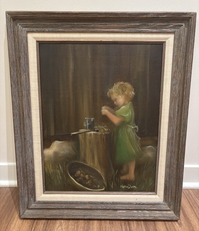 Vintage Helen Drake Oil Painting Child Girl Tree Stump Rustic 20×24 Framed