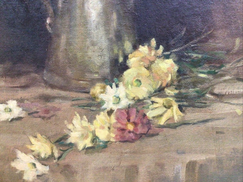Tankard & Flowers Circa 1950s Unsigned Framed Oil Painting gallery