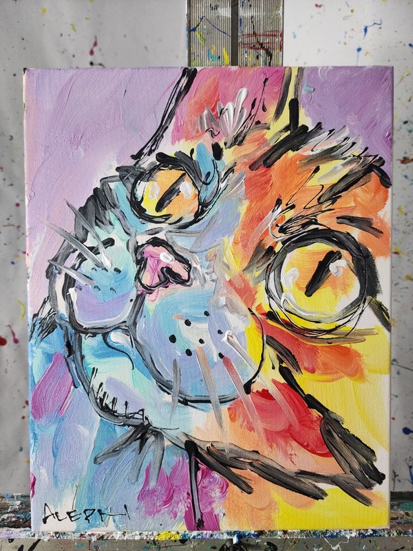 Original Abstract Cat Painting Canvas Neo Expressionist Fine Art Decor 11x14 gallery