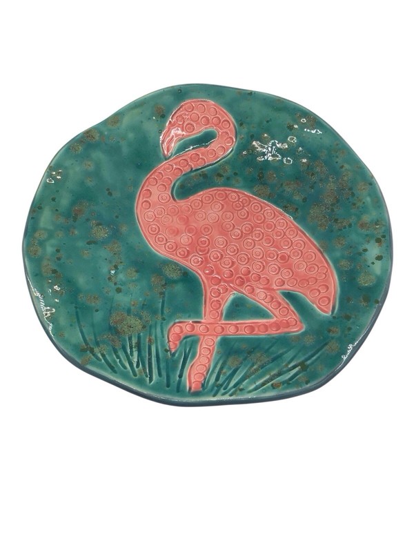 Jessica Tileworks 2022 Original Handmade Bahama Studio Art Plate Dish Flamingo