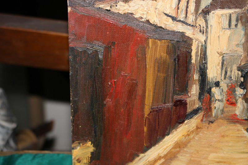 Original Vintage Oil Painting People Walking Narrow Street Buildings Gloomy Dark gallery