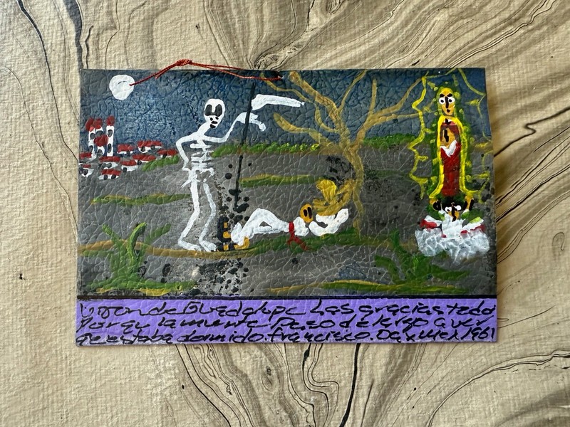 EX-Voto Folk Art Orig Painting On Metal 4″ x 6″ Dated’ 61 SKELETON GRAVE MADONNA