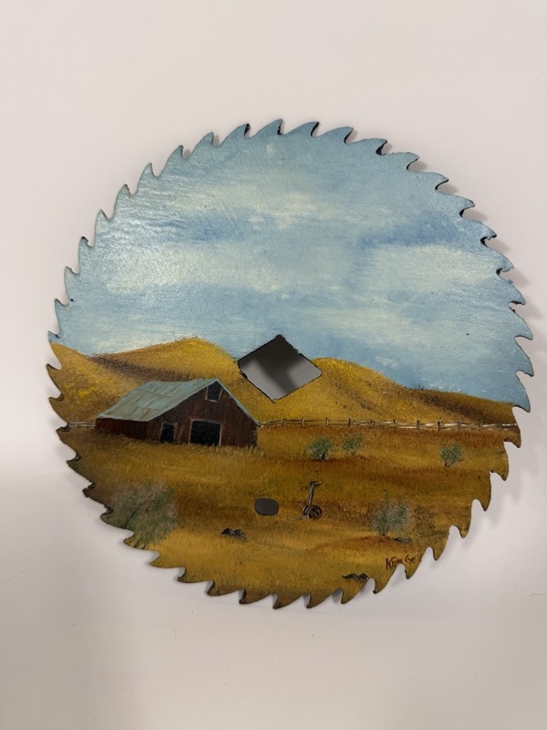 Vntg Primitive Painting Farm Circular Saw Blade Artist Signed 7” OOAK