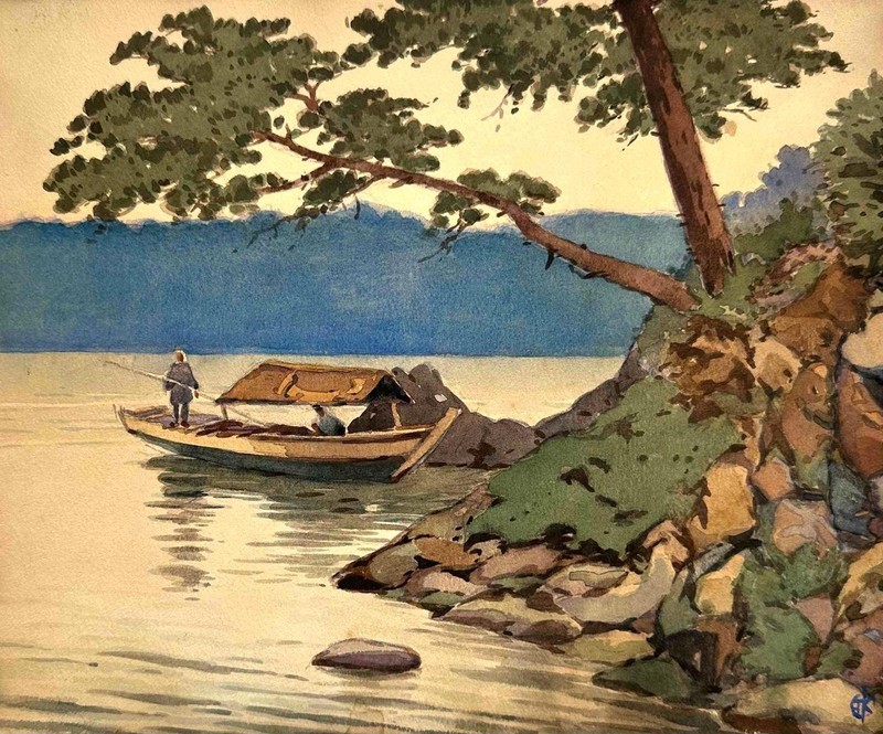 Vintage Japanese Watercolor -Monogrammed Mystery ETK? Lake View, Boat & Figures