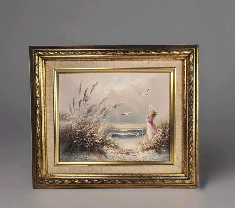 Small Vintage Oil Painting of Girl By the Beach Seagulls Framed 8″ x 10″ Canvas