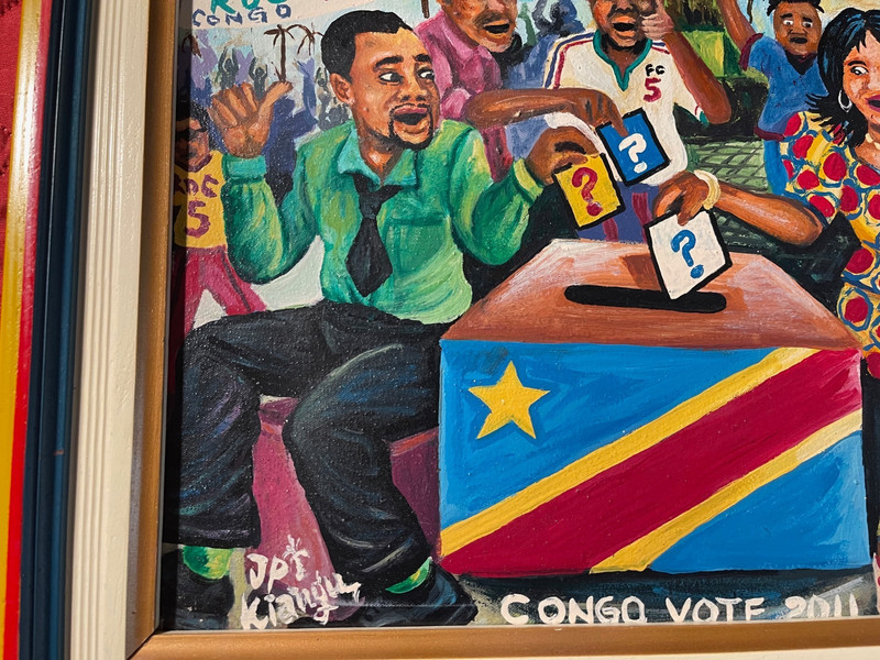 JP Kiangu Arfican listed artist painting "Congo Vote 2011" acrylic on canvas gallery