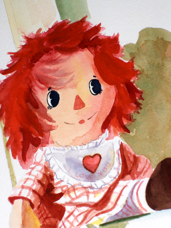 Original Puppet Doll Watercolor by Wanda Oval Mat Red Frame Child’s Baby’s Room