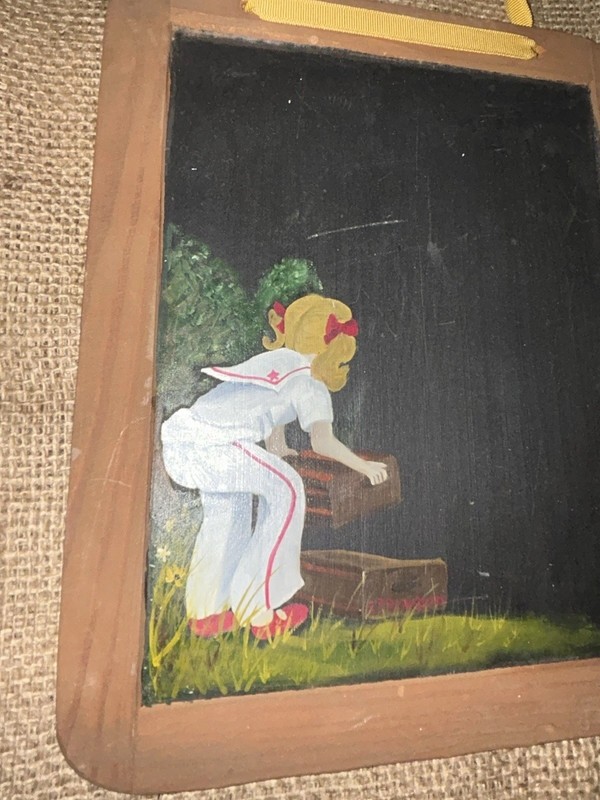 VTG ‘79 Girl In Sailor Suit On Slate Chalkboard Handpainted 7.75”W 9.5”T Signed