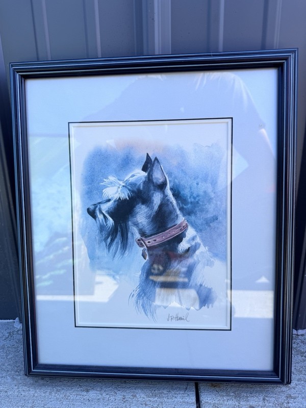J.R. Hamil Schnauzer Watercolor Painting Framed glass Kansas City artist BH
