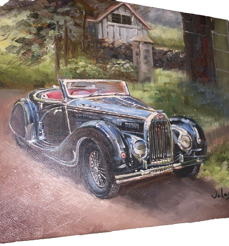 VTG Original Signed Velasquez Bugatti Type 57C Cabriolet Car 8”T 10”W Canvas gallery
