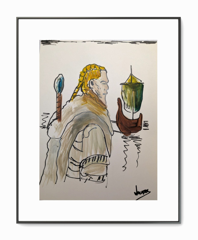 Original Viking Norse Mythology Painting 9×12 Paper Warrior Longship Art Wachtel