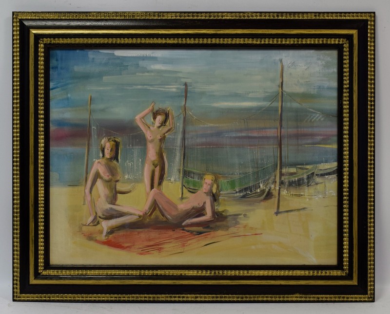 20th ca. Old painting, Women on the beach, watercolor (?), signed, 30.3×24.4 in