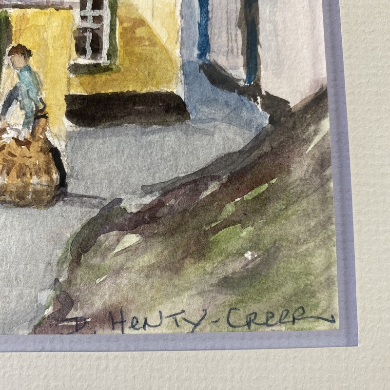 Deirdre Henty-Creer (British 1928-2012) Watercolor Street Scene with Family, Dog gallery