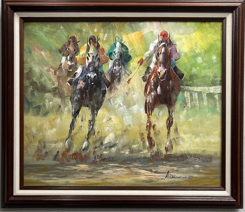 Anthony Veccio (Born 1949) «Dynamic Horse Race» Bold Use of Color ,Impasto,Siged