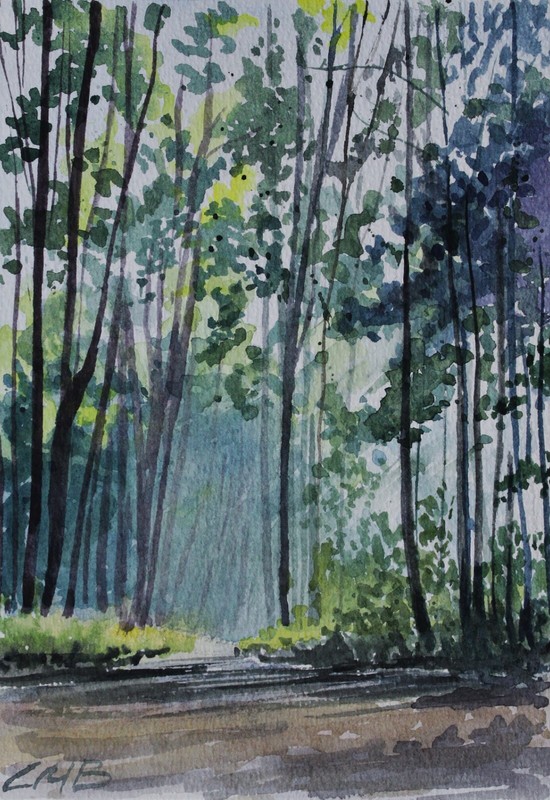 Sun Rays Forest Original Watercolor Painting 8″x5.5″ Hand Painted Morning Vibe