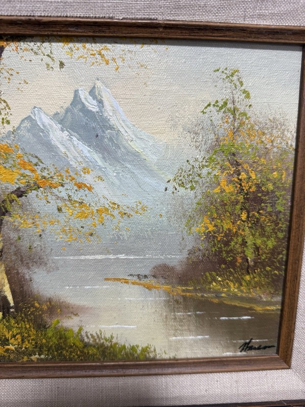 Vtg Signed Artist Oil On Board Wall Art Forest River Mountain Scene Wood Frame gallery