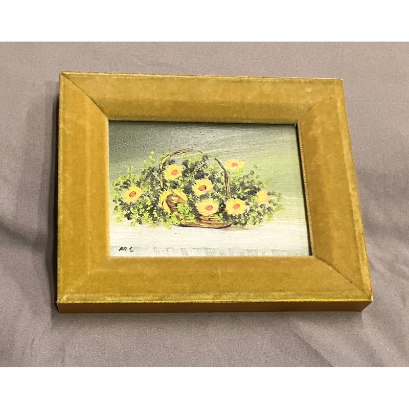 M. Creati Oil Painting Small Yellow Floral Basket Velvet Frame Vintage