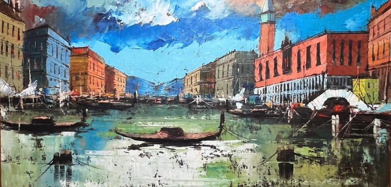 Old Vintage Venice Italy Oil Painting Canal Italian Cityscape MCM Framed Art