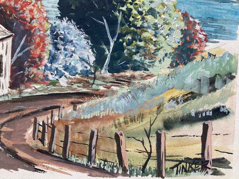Vintage Norwegian fjord & volcano watercolor landscape signed Tinker - 10”x15” gallery