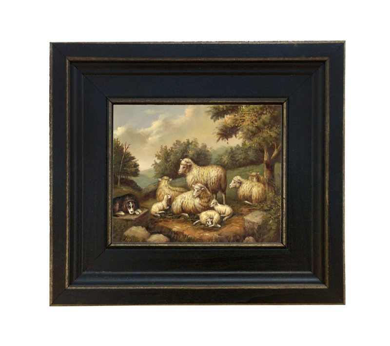Sheep In Landscape Vintage Antique Farmhouse Style Painting Print Canvas Framed
