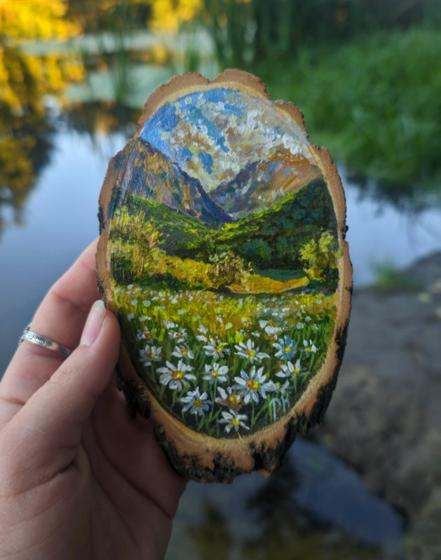 Miniature Painting «Morning in the Mountains» on a natural cut of wood, 13×13 cm
