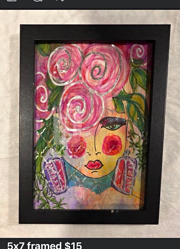 Original Abstract Pop Art Woman Portrait w/ Flowers Painting 5×7 in sparkly