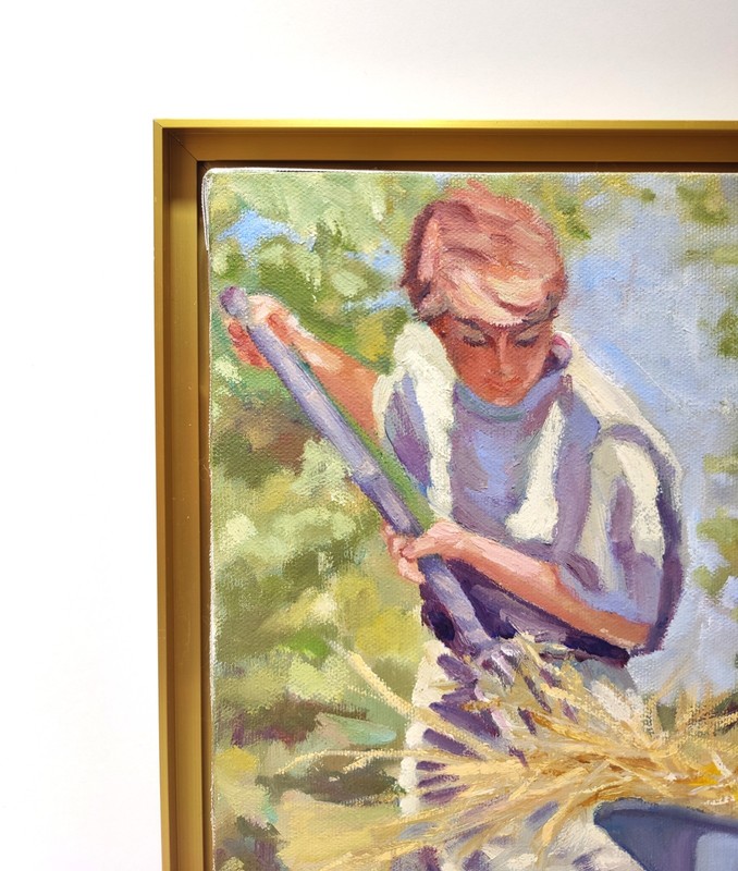 Vintage Hay Harvest Country Farm Scene Painting on Canvas Gold Metal Frame 10x13 gallery