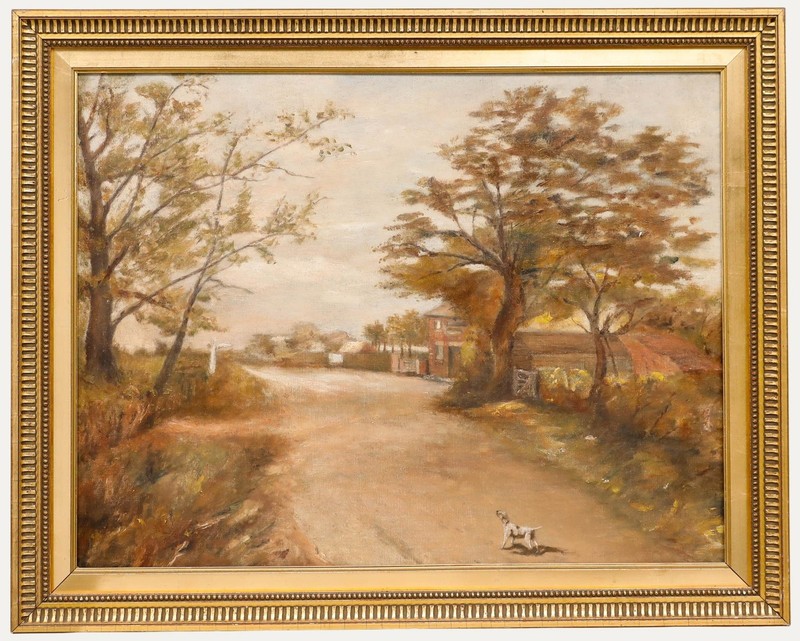 Framed Mid 20th Century Oil – Taking the Dog for a Walk