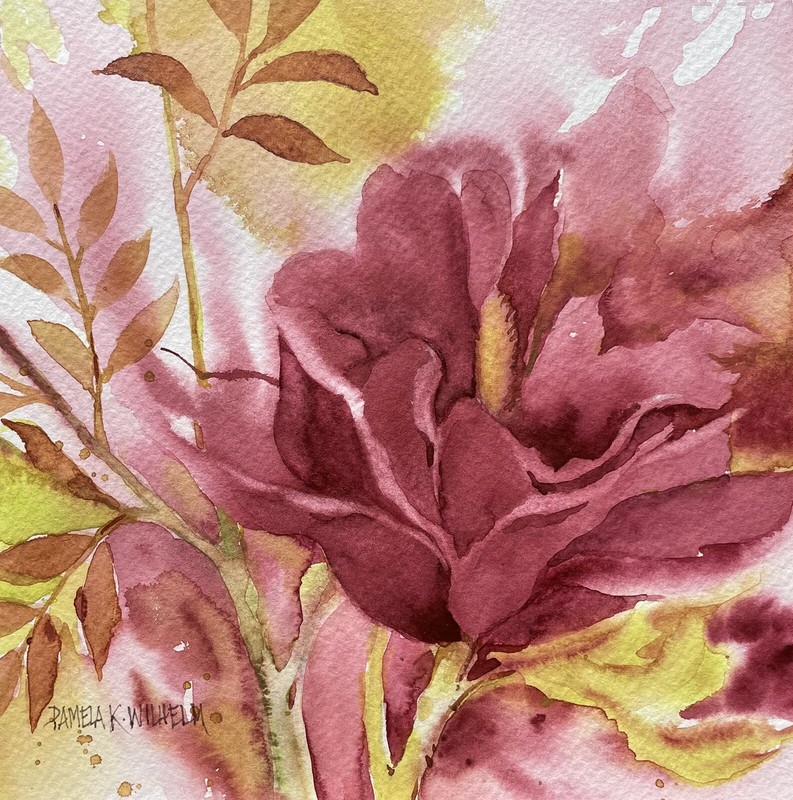 7”x7” Original Burgundy Fantasy Tropical Floral Watercolor By Pamela Wilhelm