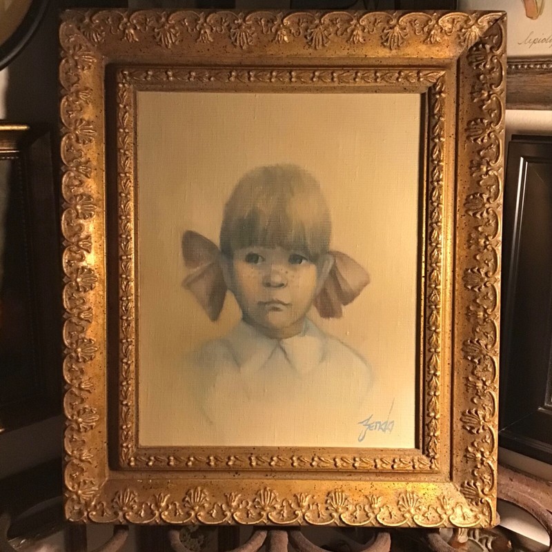 Small Girl With Bows and Freckles Portrait Oil on Canvas Painting Pat Zenda