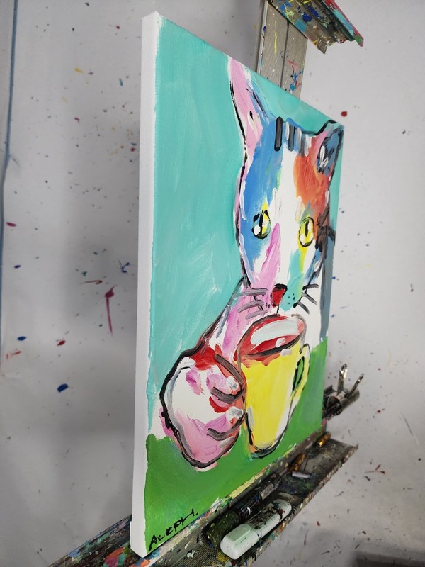 Original Abstract Cat Painting Canvas Neo Expressionist Fine Art Decor 11x14 gallery