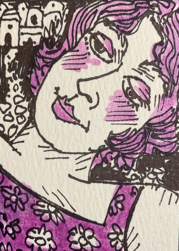 «I Love Pink» Original watercolor and pen trading card signed by artist