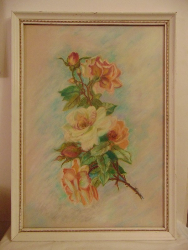Vintage Roses & Rose Bud Chalk Painting Floral Hilda Holden Still Life Beautiful