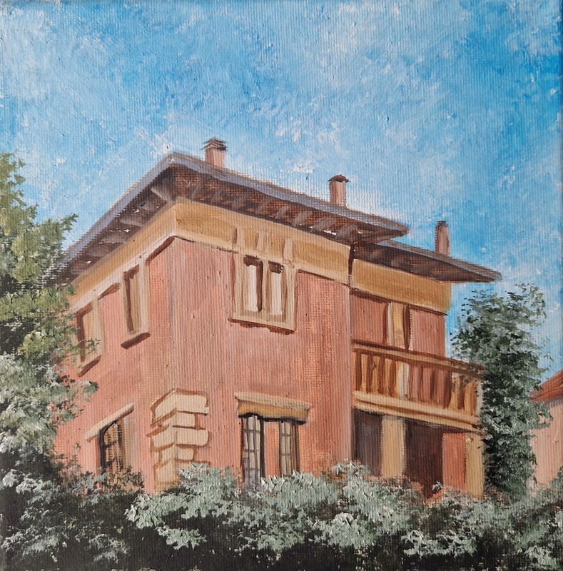Original oil painting summer cityscape Italian town peaceful houses 8×8″