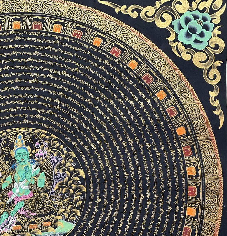 GREEN TARA OM MANI PADME HUM MANTRA MANDALA ORIGINAL TIBETAN THANGKA PAINTING gallery