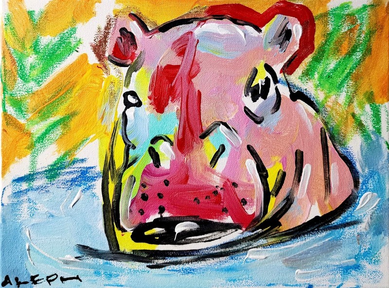 Original Hippo Painting Abstract Expressionist Canvas 9x12 Hippopotamus Wall Art gallery