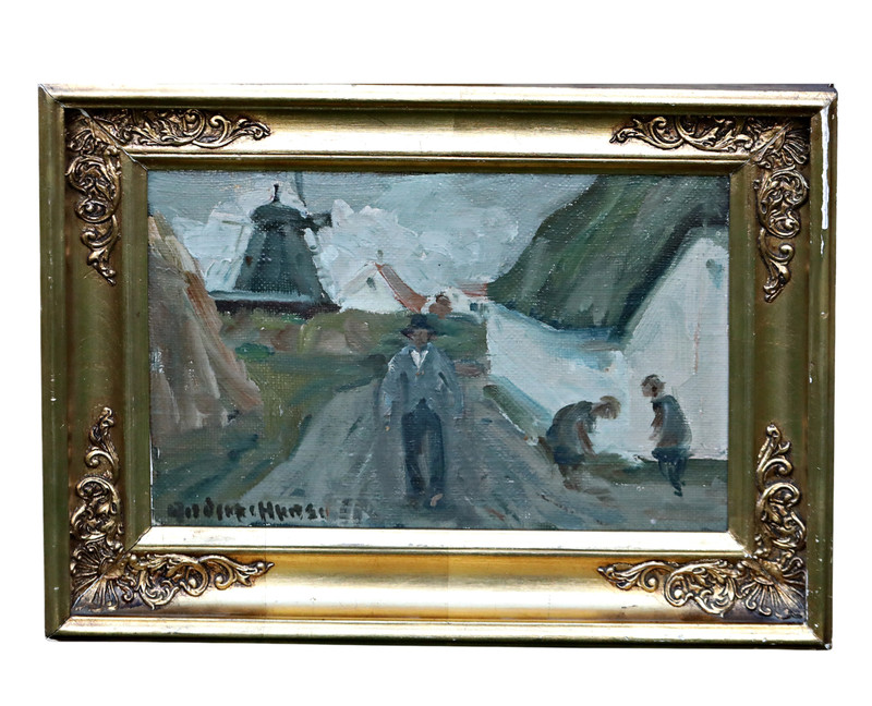 Oil Painting on Canvas Anders Hune (1894–1968) Old Town Landscape Figures