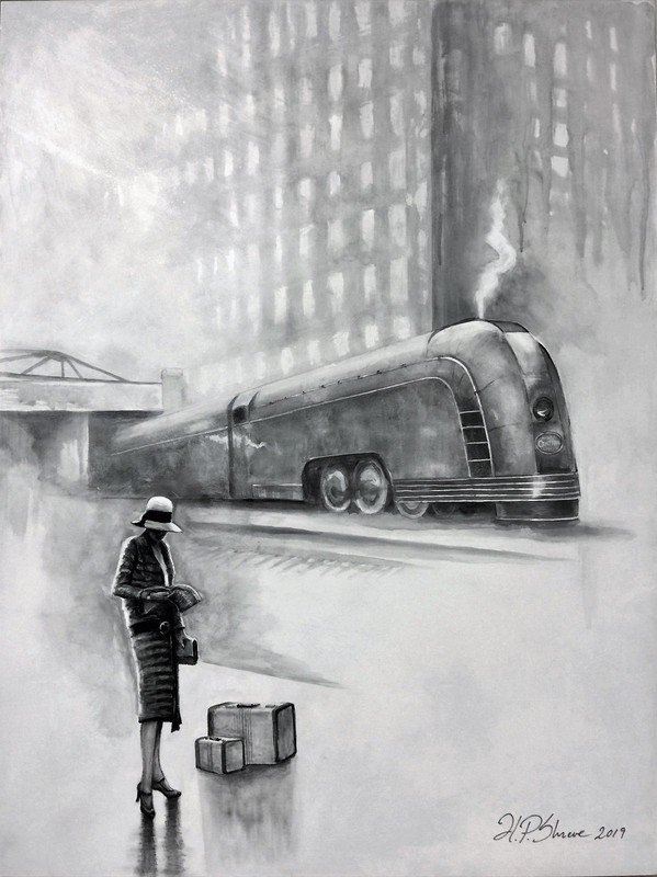 «The New Yorker» Large Train Painting, NYC, B & W, Ready to hang, 1930s Glamour